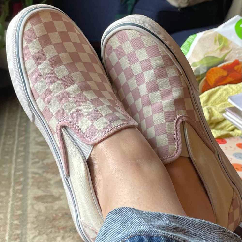 Vans Women's Pink Checkered Slip-On Shoes